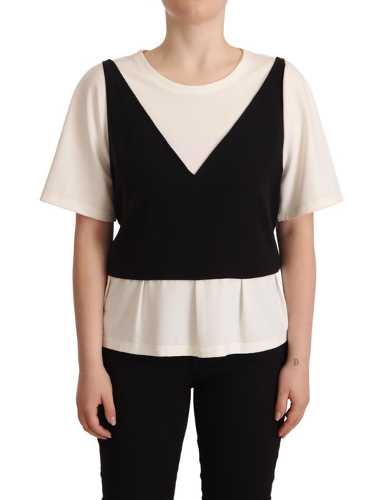 Black White Polyester Short Sleeves Top Blouse