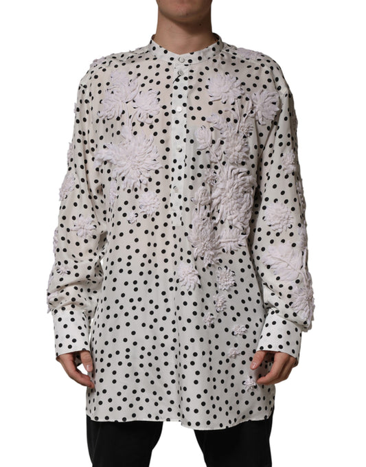 White Polka Dot Floral Embroidery Men Shirt