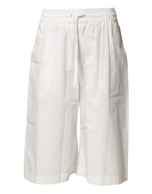 White Cotton High Waist Wide Leg Straight Bermuda Shorts