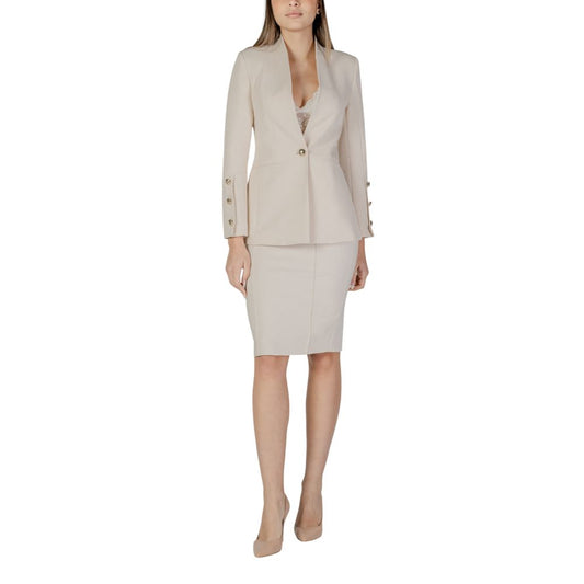 Beige Polyester Skirt Suit