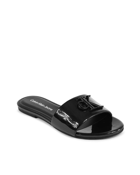 Black Polyester Flat Sandals