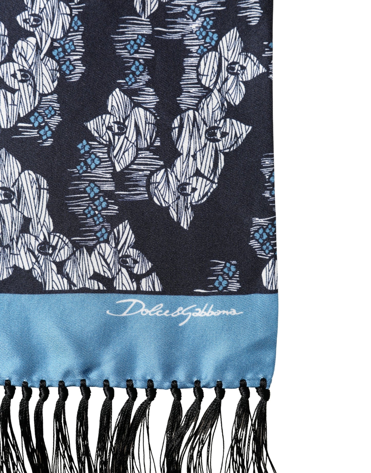 Black Blue Silk Floral Pattern Fringe 140cm x 16cm Scarf