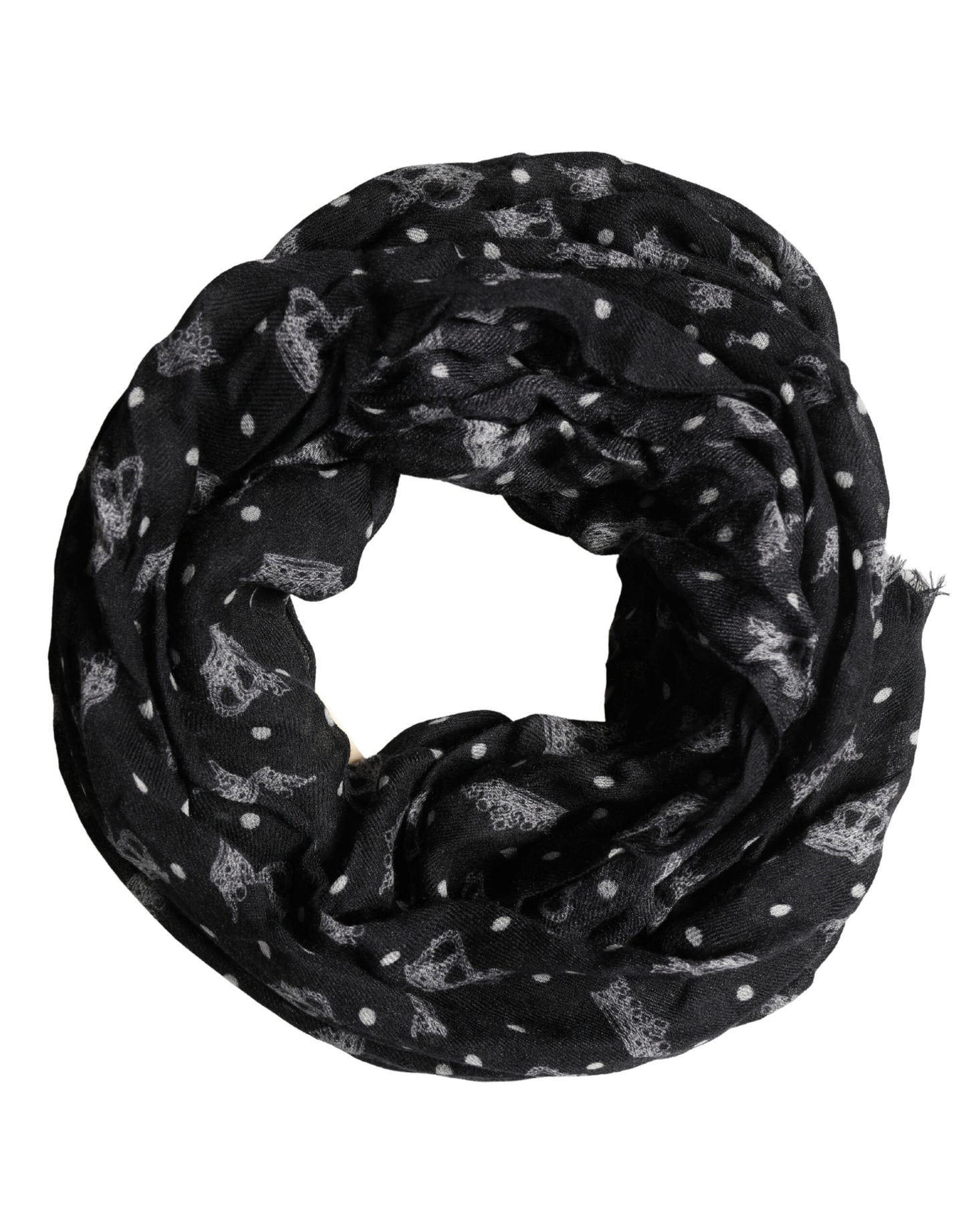 Black Wool Crown Print Fringe Neck Wrap 180cm x 65cm Scarf