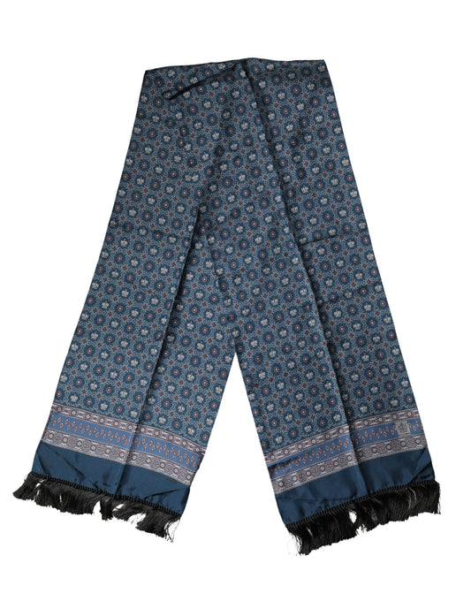 Blue Silk Crown Geometric Wrap Foulard 184cm X 33cm Scarf