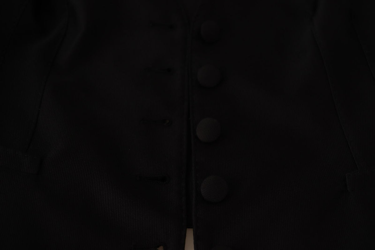 Solid Black Silk Sleeveless Waistcoat Vest Top