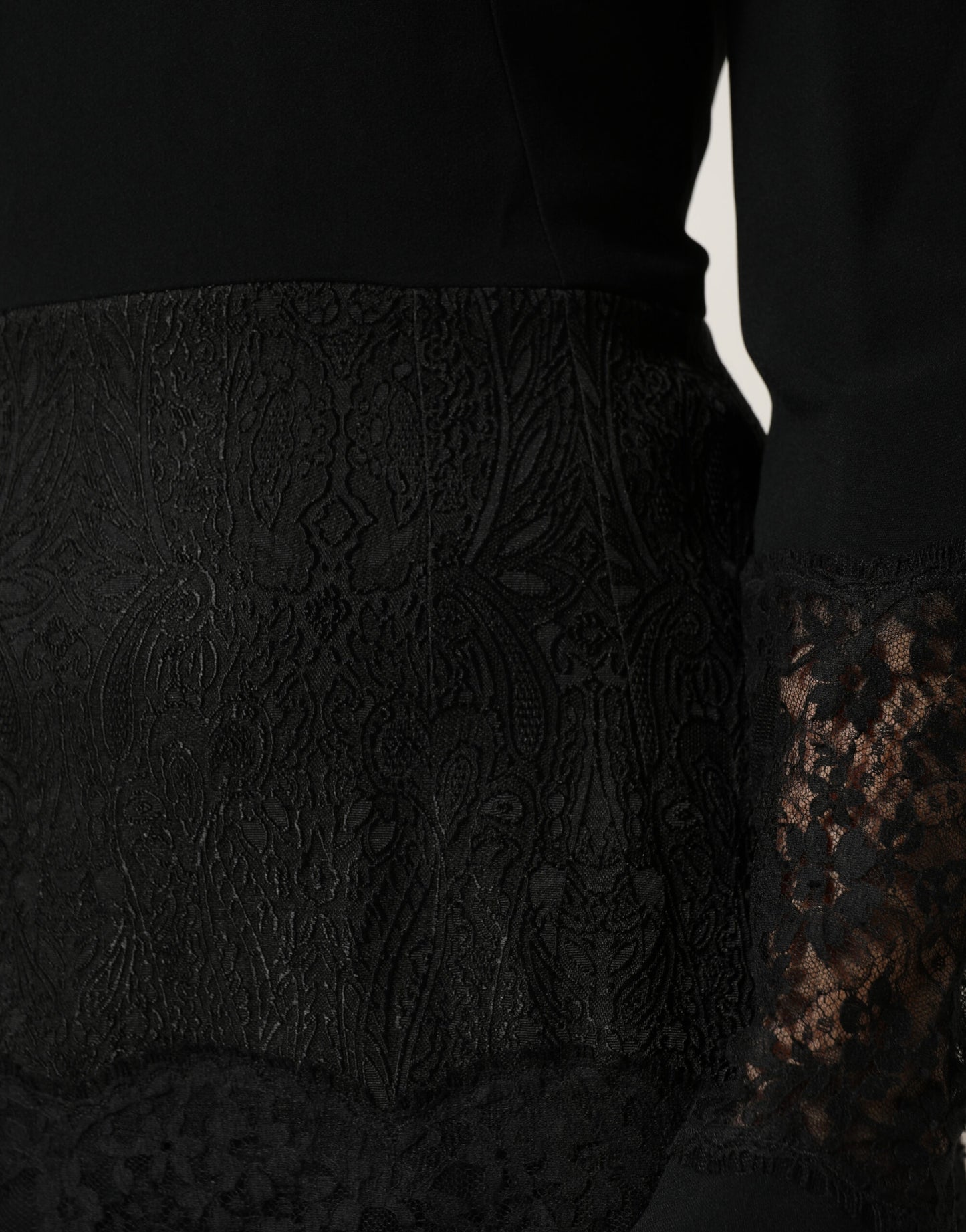 Black Lace Sheer Panel Midi Long Sleeve Dress