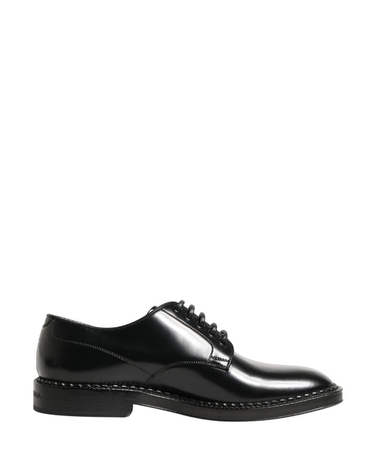 Men Black Lace-Up Leather Crown Dress Derby Shoes