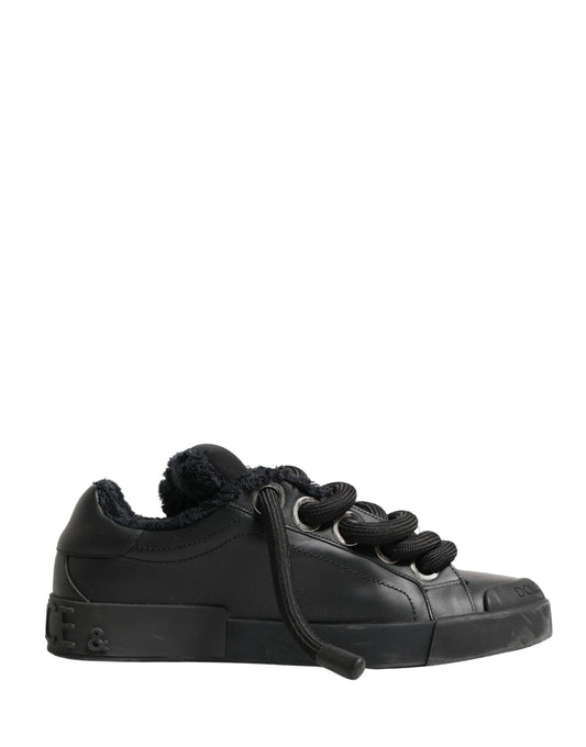 Black Calf Leather Nappa Lace-Up Sneakers Shoes