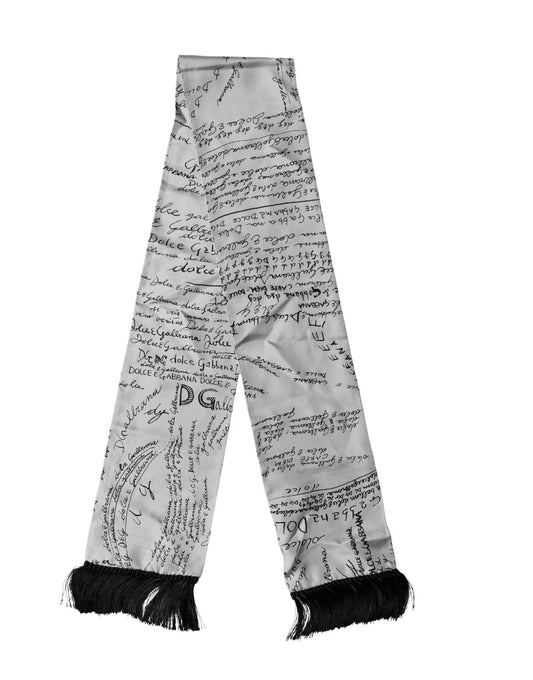 Scarf White Silk Script Logo Print Fringe 150cm x15cm Men