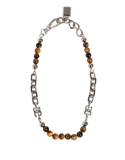 Silver Tone Brass Chain Beaded Gem DG Logo Bracelet