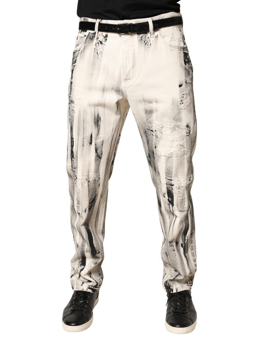 White Distressed Paint Print LooseDenim Jeans
