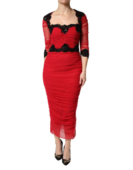 Red Mesh Trim Bodycon Sheath Midi Dress