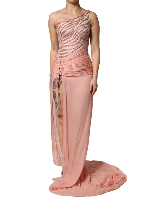 Pink Embellished One Shoulder Maxi Dress