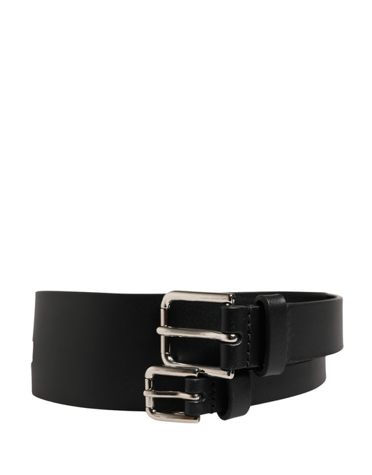 Black Double Strap Leather Silver Buckle Belt