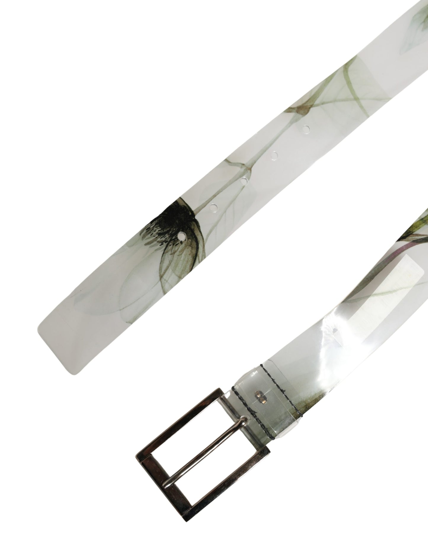 Men White Floral PVC Silver Metal Buckle Belt