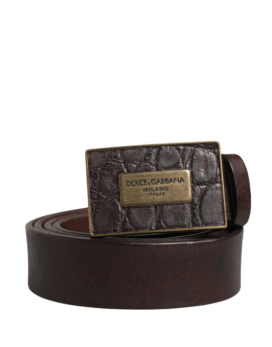 Men Brown Calf Leather Logo Metal Buckle Belt