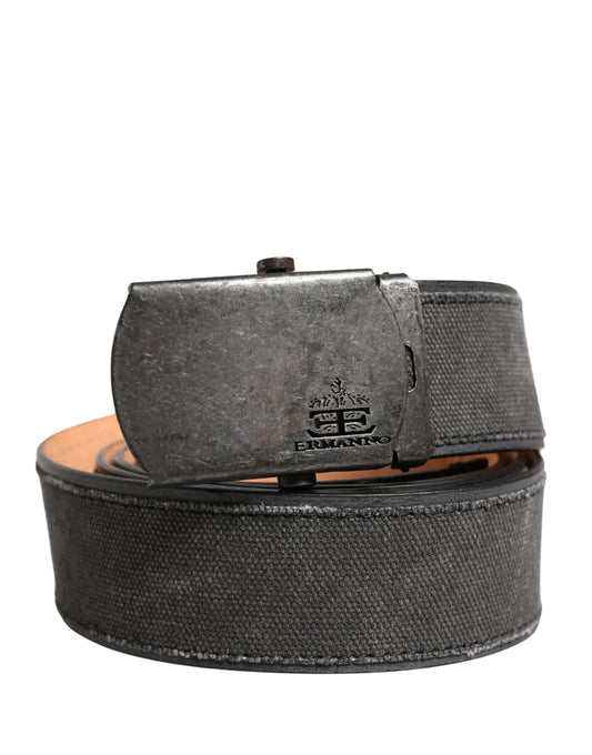 Black Leather Cotton Logo Metal Buckle Belt