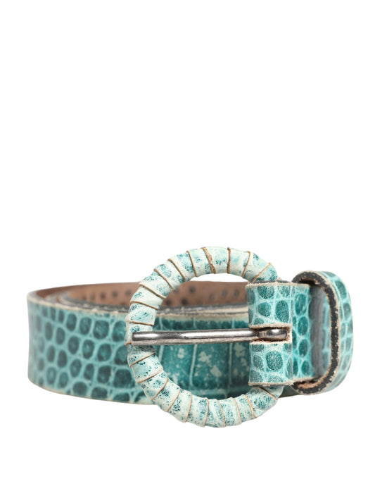 Women Green Leather Croco Print Studded Belt