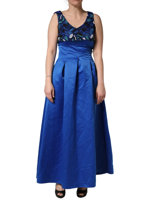 Royal Blue Floral Lace Sleeveless Long Gown Dress