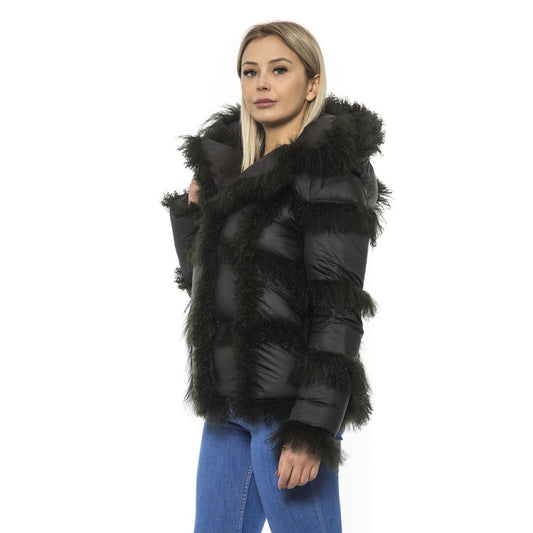 Black Poly Jacket with Lamb Fur Hood for Women
