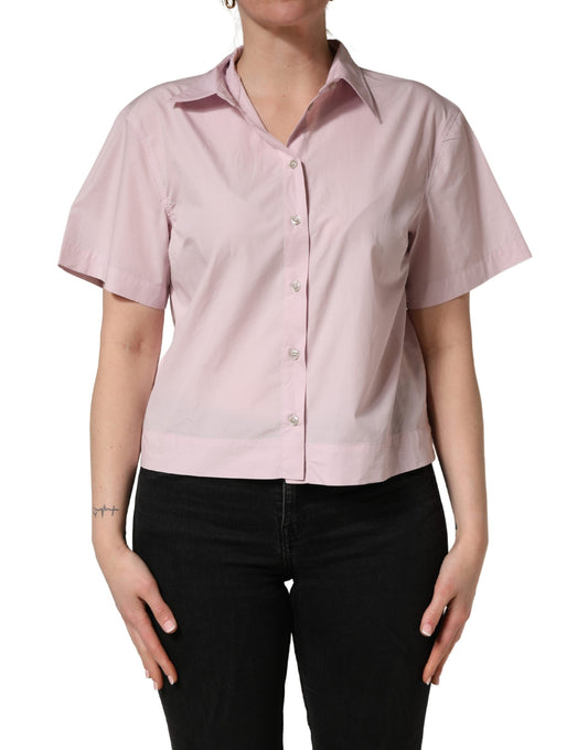 LightPink Cotton Collared Buttoned Blouse Top