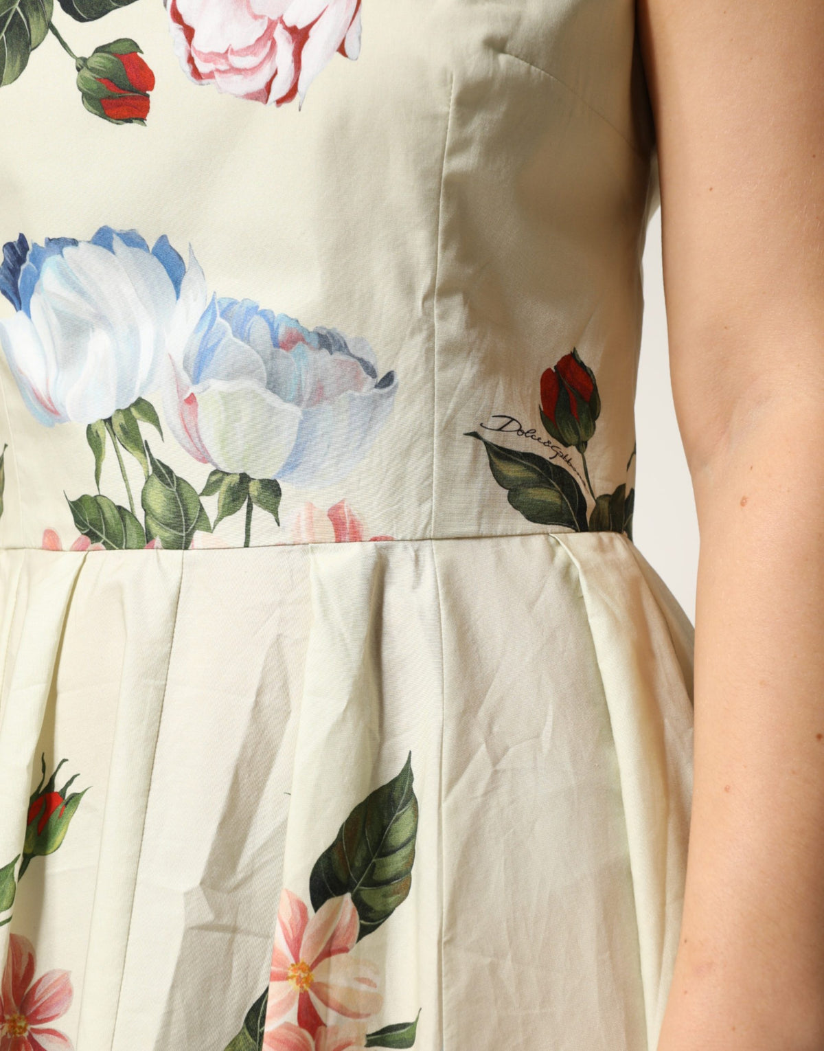 Beige Floral Sleeveless A-line Midi Dress
