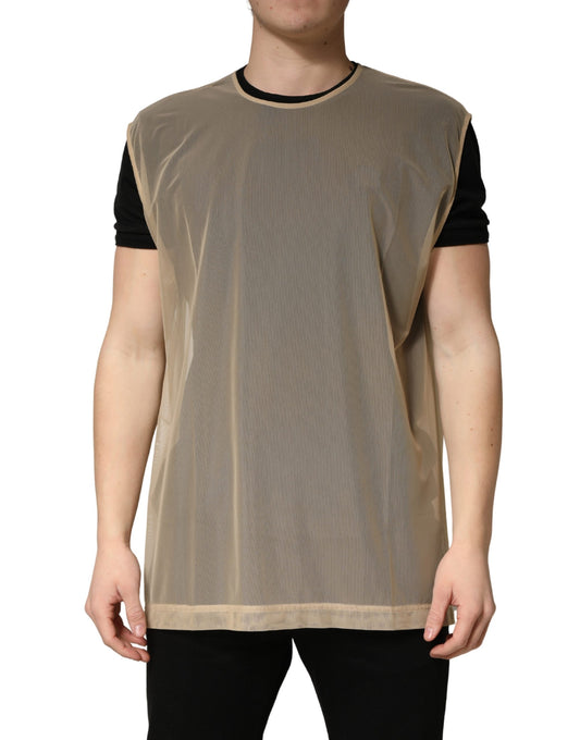 Beige Crew Neck Sleeveless Mesh Top T-shirt