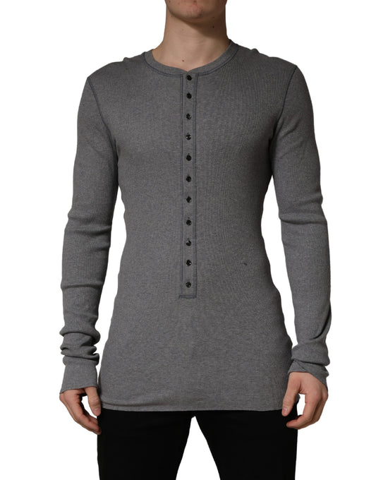 Gray Ribbed Cotton Long-Sleeve Henley T-shirt
