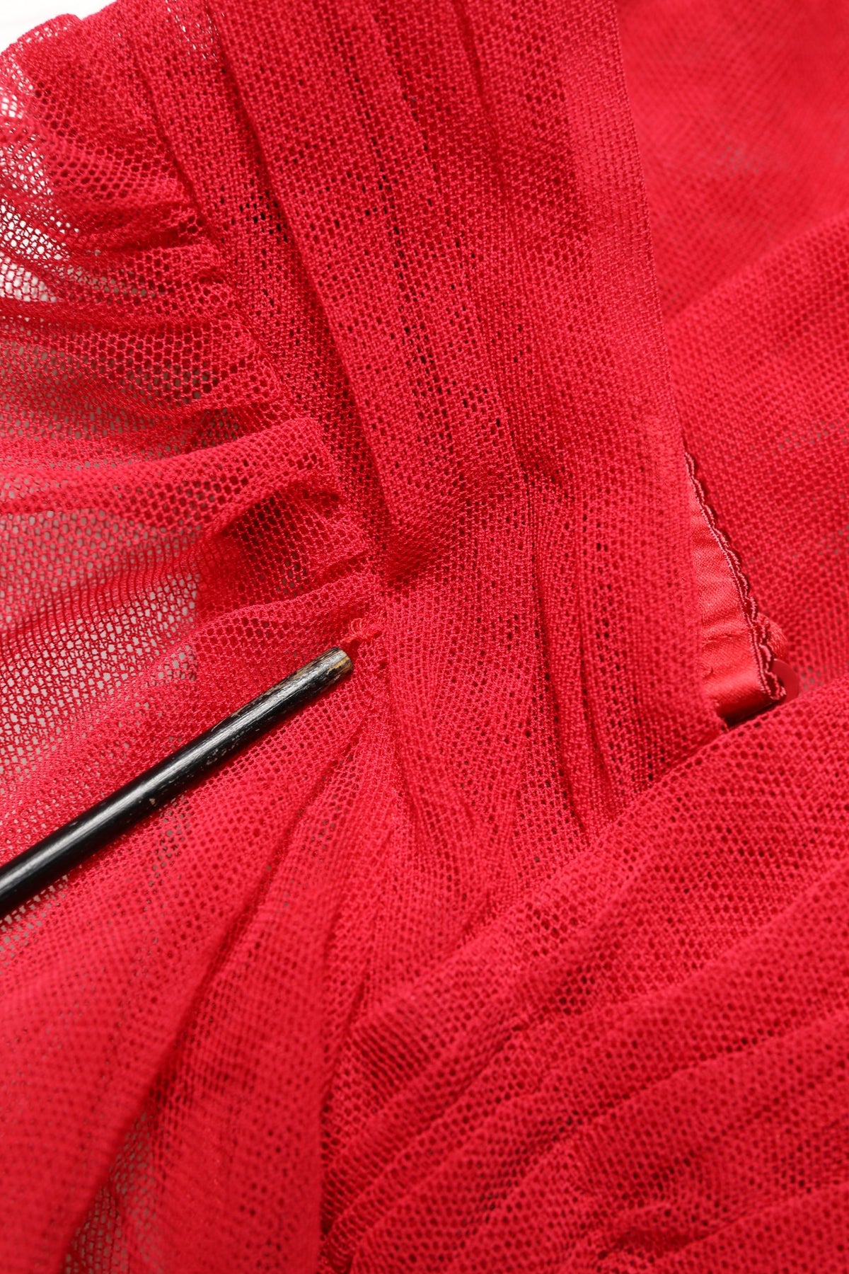 Red Cotton Ruched Stretch Tulle Midi Dress