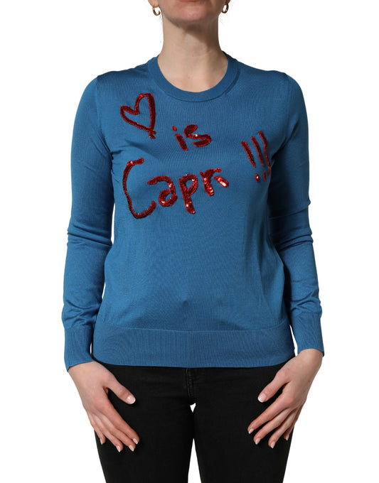 Blue Silk Sequined CrewNeck Pullover Sweater
