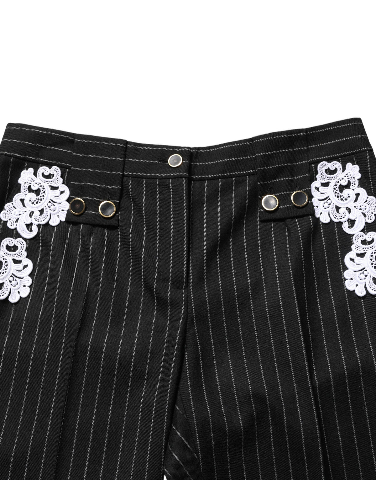 Black Lace Applique Pinstripe Cropped Pants