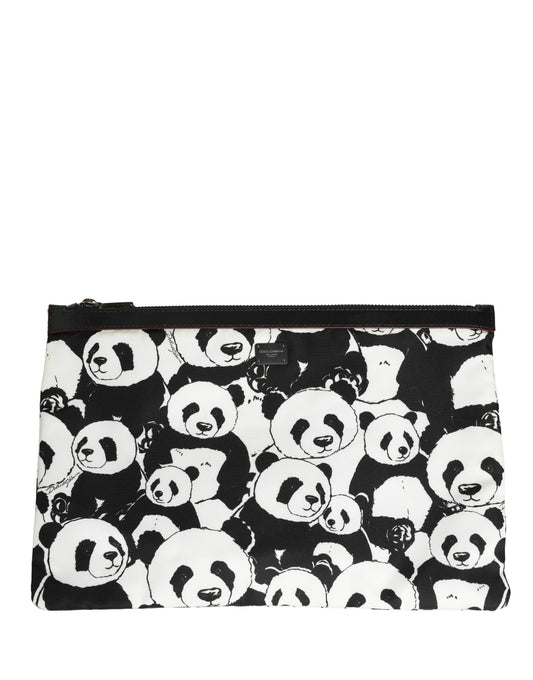 Black White Panda Print Nylon Clutch Men Pouch Borse Bag