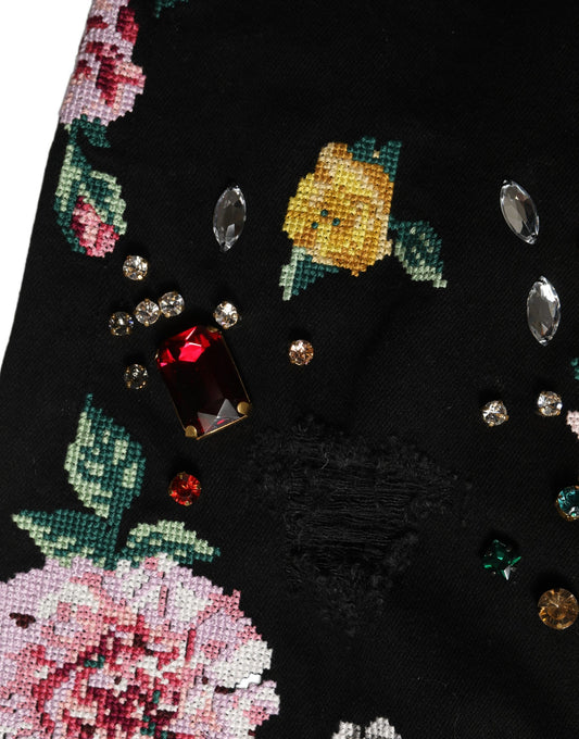 Black Floral Cotton High Waist Tapered Pants