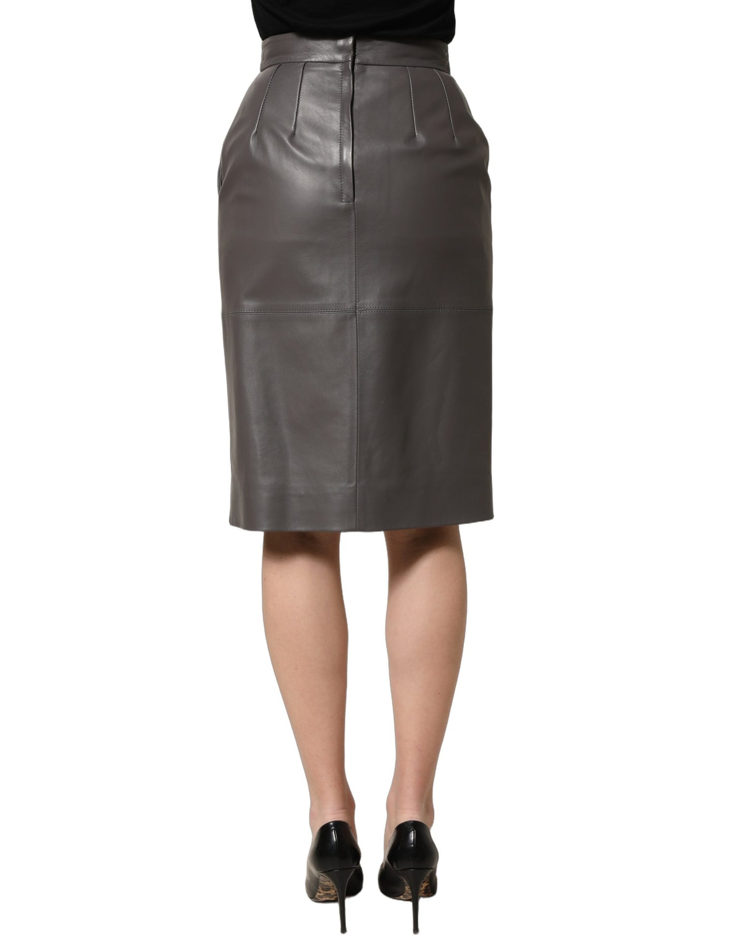 Gray Leather High Waist Pencil Cut Midi Skirt