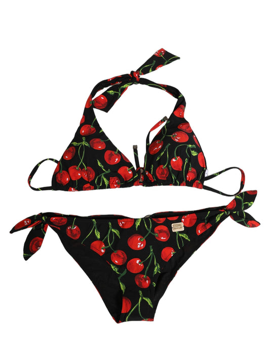 Black Cherry Print Nylon Bikini 2 Piece Swimwear