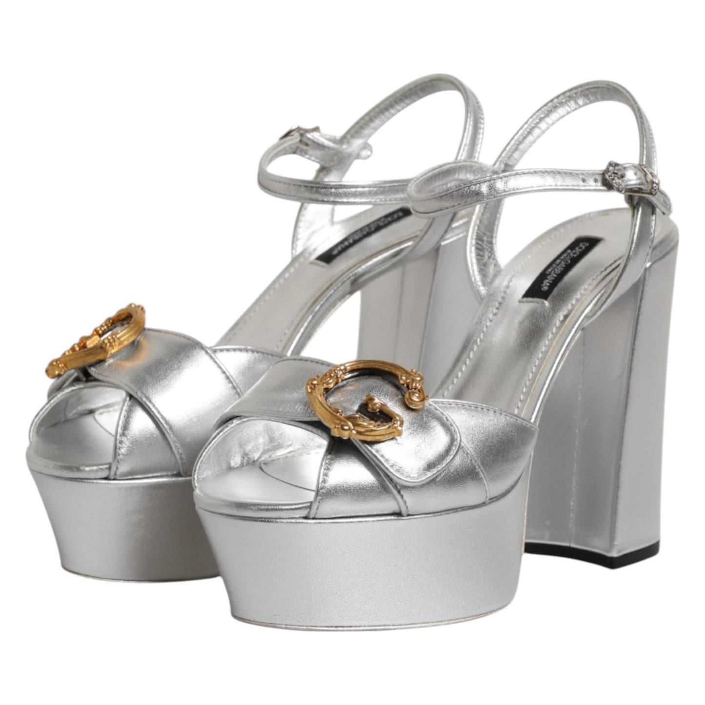 Silver Logo Ankle Strap Heels Sandals Shoes