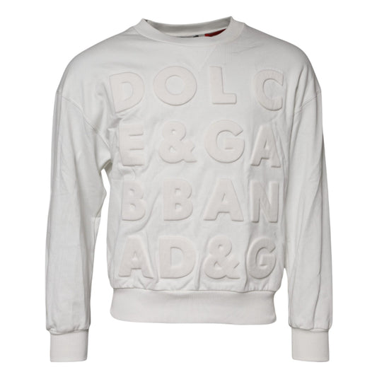 White Embossed Logo Cotton Crew Neck Sweater