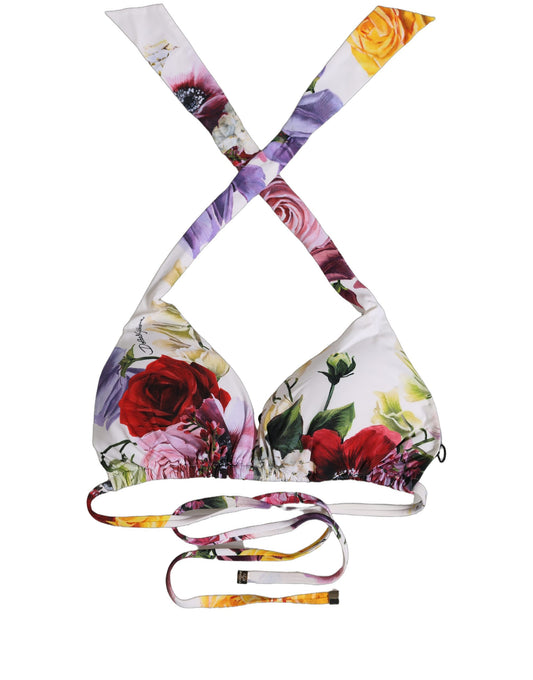 White Floral Print Triangle Beachwear Bikini Top