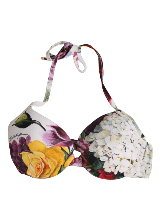 White Floral Print Nylon Beachwear Bikini Top