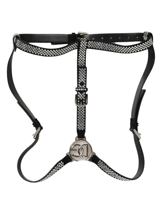 Black Leather Rhinestones Embellished Men Suspender
