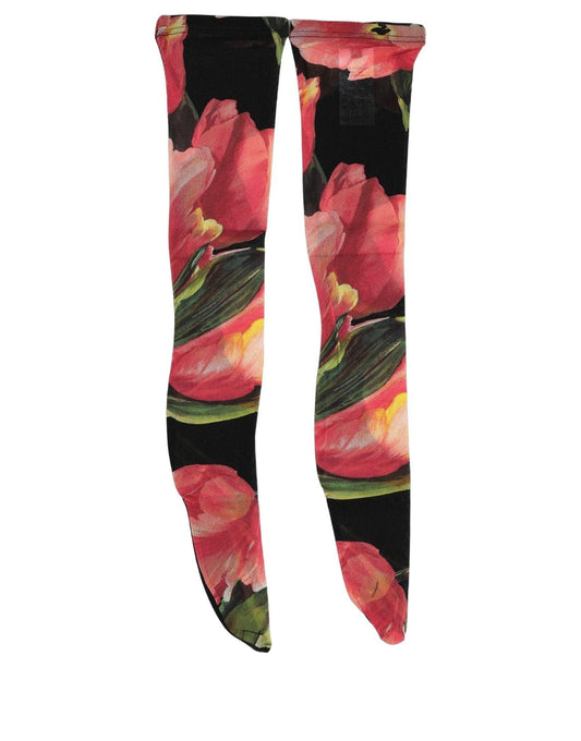 Black Pink Floral Tulip Nylon Stockings Socks