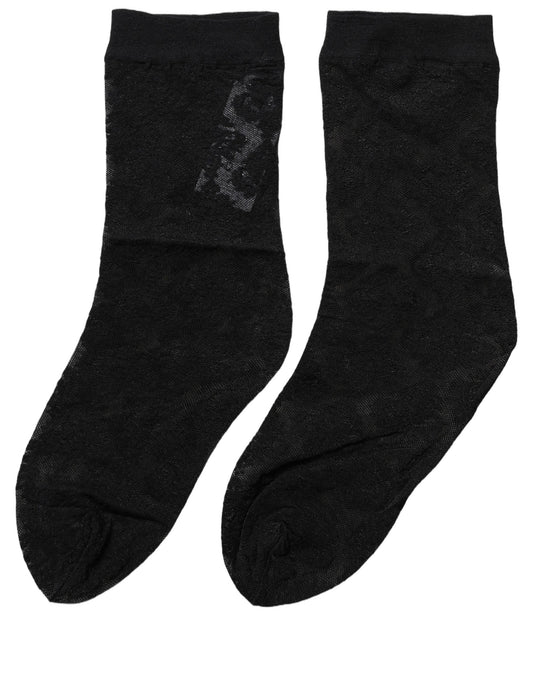 Black Floral Nylon Stretch Mid Calf Socks