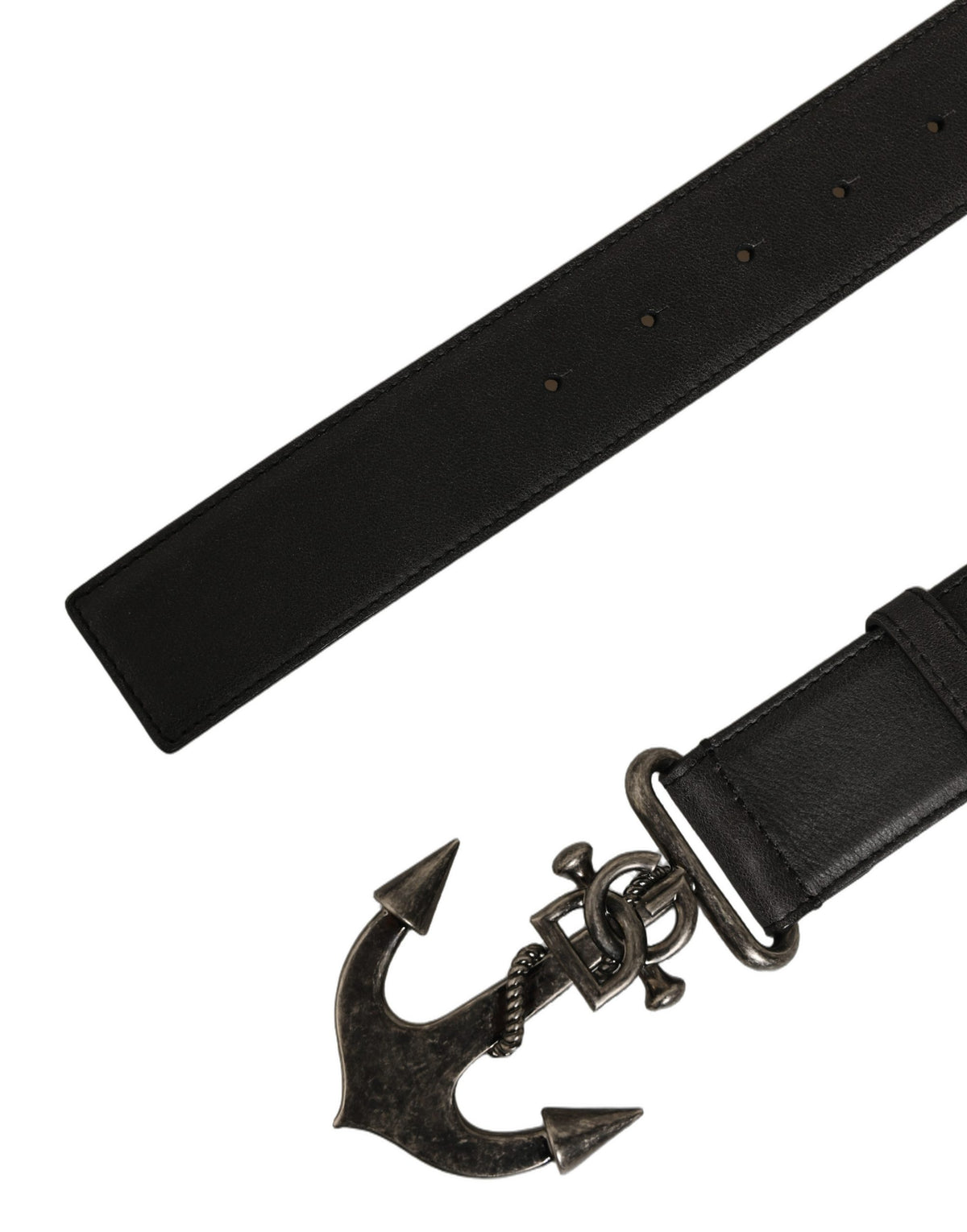 Black Leather Anchor Logo Metal Buckle Belt