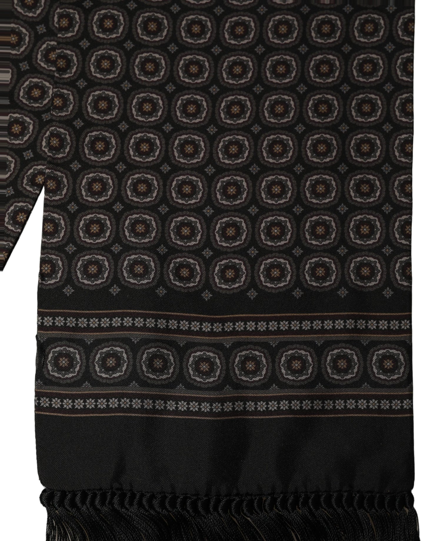 Black Silk Geometric Fringed Neck Shawl Scarf