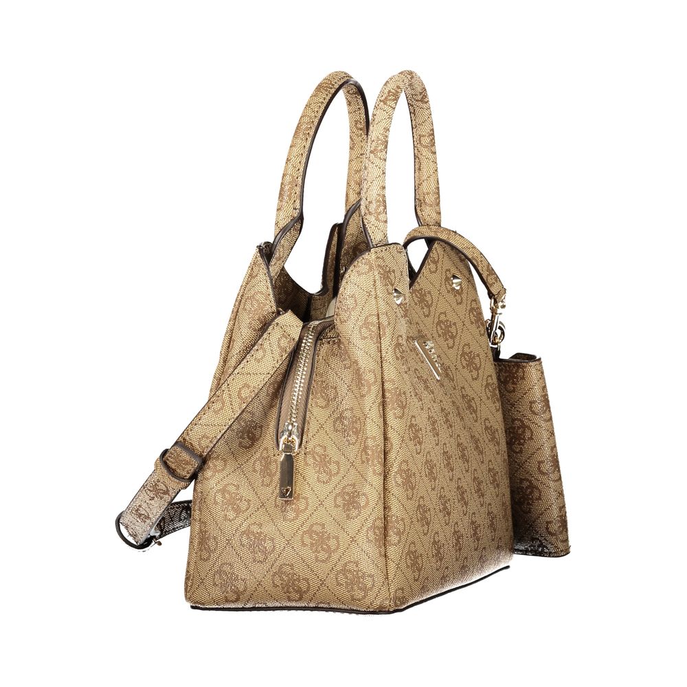 Beige Polyurethane Women's Bag With Removable Strap And Compartments