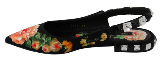 Black Floral Crystal Slingbacks Flats Shoes