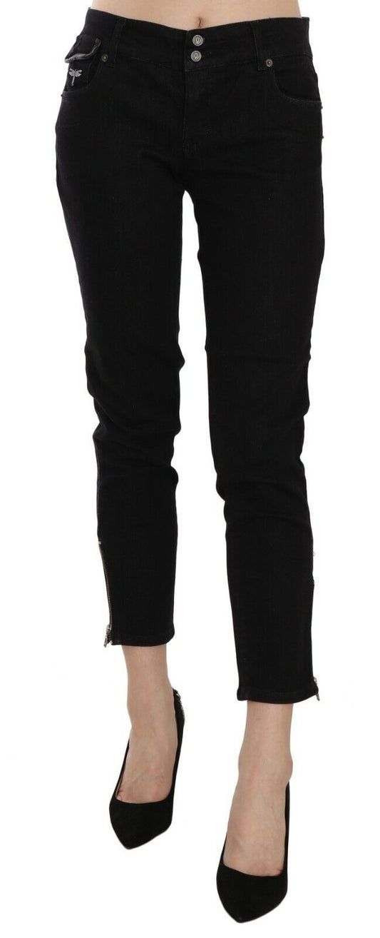 Black Mid Waist Cropped Cut Hem Denim Casual Pants