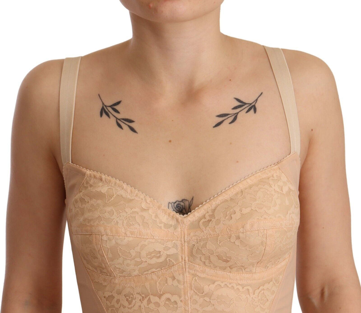 Beige Nylon Floral Lace Bodysuit Underwear