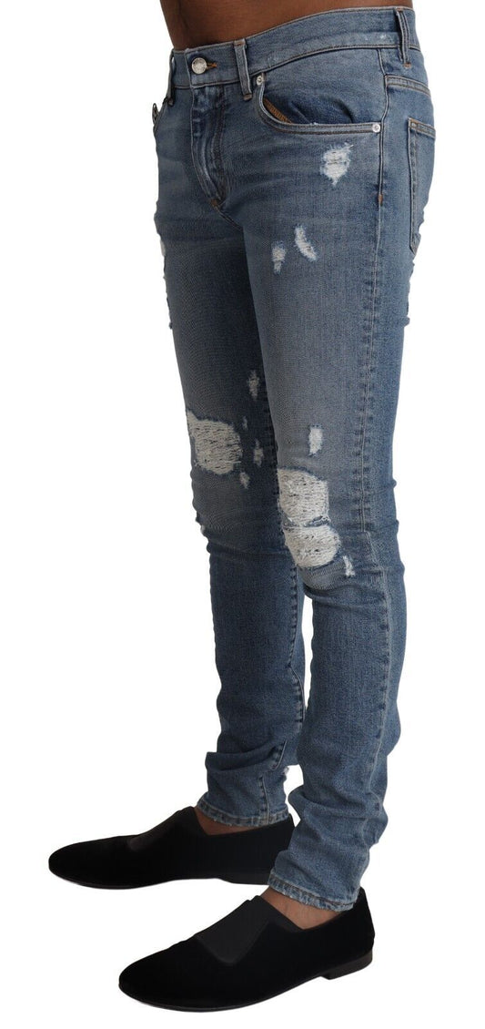 Light Blue Tattered Cotton Denim Skinny Jeans