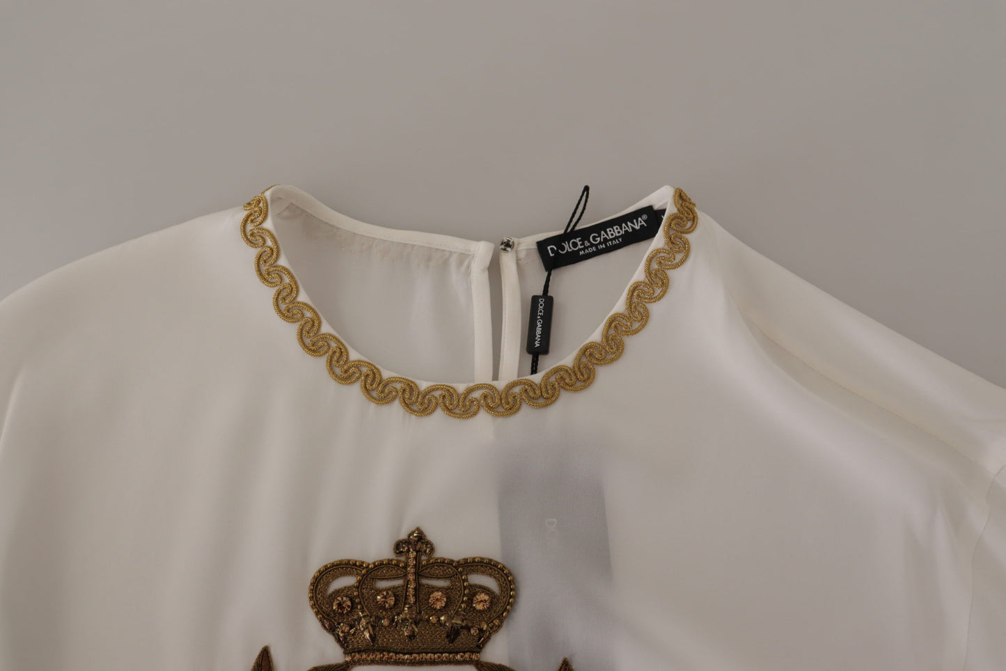 White Silk Gold DG Crown Crystal Blouse Top